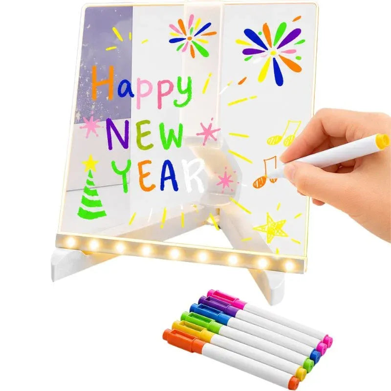 6x6 Inches LED Acrylic Writing Board with USB Light | 7 Colorful Erasable Pens | Message Board with Markers & Stand