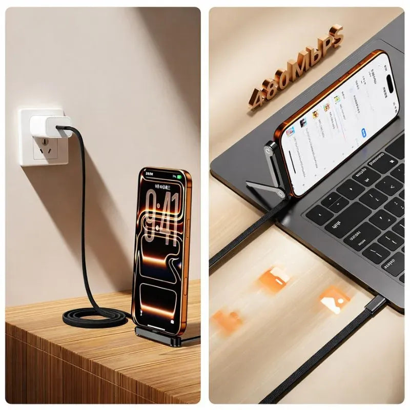 USB-C Fast Charging Cable with Foldable Phone Stand | 2-in-1 Braided Data Cable for iPhone, Samsung & Type-C Devices | 240W