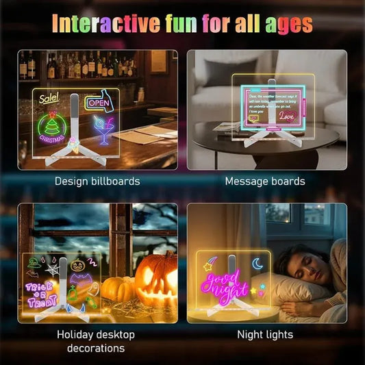 6x6 Inches LED Acrylic Writing Board with USB Light | 7 Colorful Erasable Pens | Message Board with Markers & Stand
