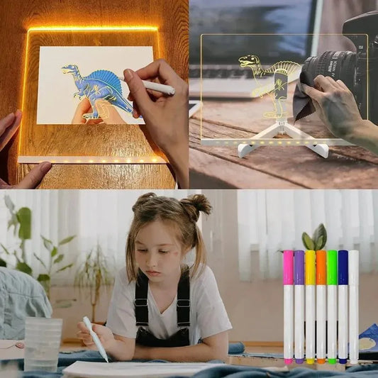 8x8 Inches LED Acrylic Writing Board with USB Light | 7 Colorful Erasable Pens | Message Board with Markers & Stand