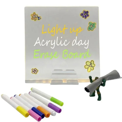 8x8 Inches LED Acrylic Writing Board with USB Light | 7 Colorful Erasable Pens |  Message Board with Markers & Stand